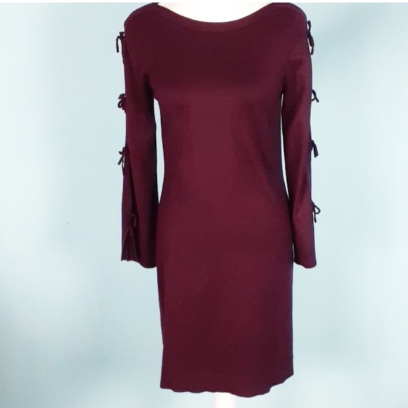 Vince Camuto Burgundy Mid Length Sweater Sheath Dress Bell Sleeve Tie Closure - Picture 1 of 9